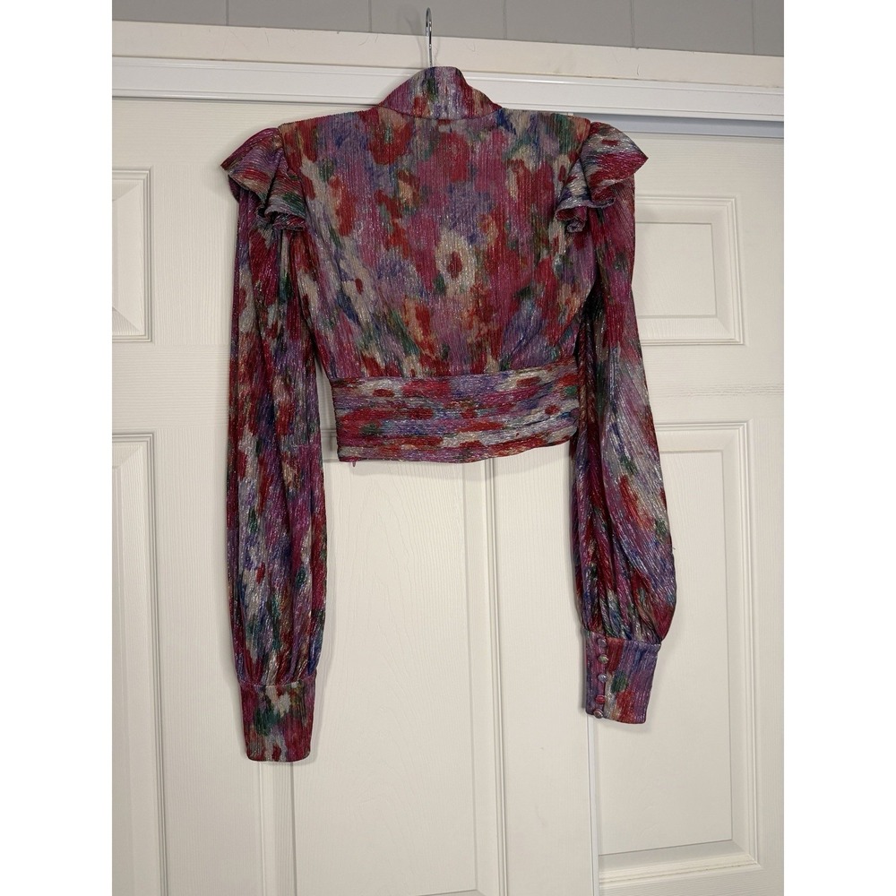 PatBO Lurex Keyhole Metallic Sheer Crop Top Bohemian Floral Balloon Sleeve Artsy - Picture 3 of 8